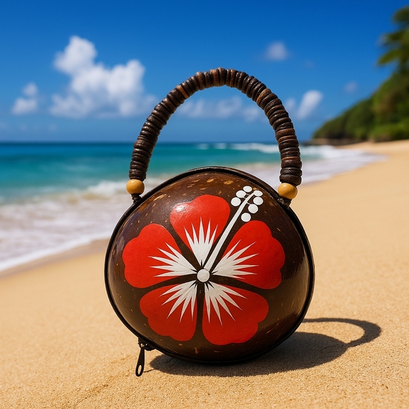 VINTAGE COCONUT HIBISCUS BAG HANDPAINTED CARVED HULL HANDLES - Picture 1 of 8